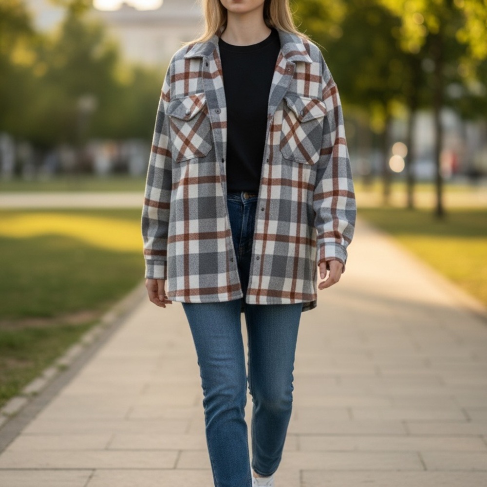 Gray and Brown Plaid Utility Jacket